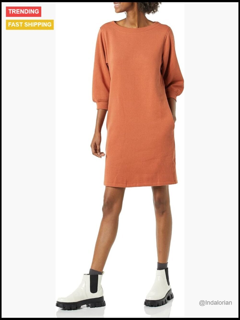 Relaxed Fit Fleece Blouson Sleeve Boatneck Sweatshirt Dress with Pockets